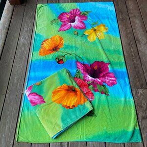 2 Vtg 00s Karsten TERRISOL Poppies Green Blue Floral Terry Velour Beach Towels